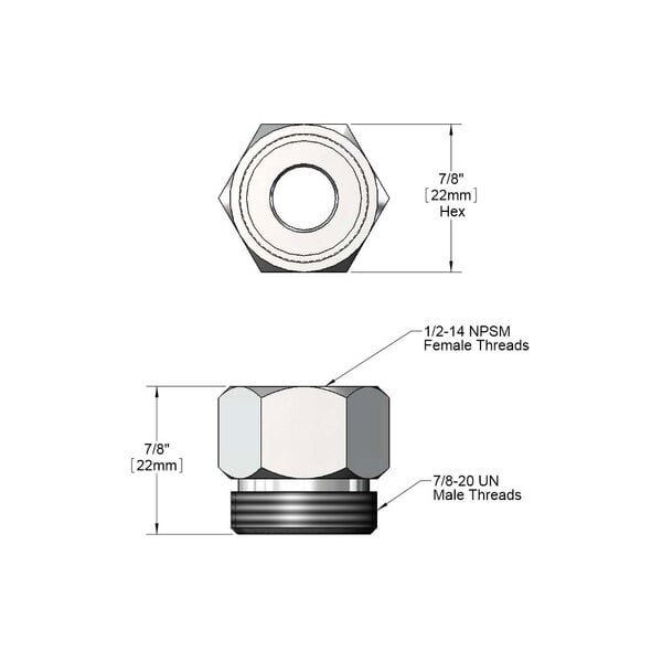 A drawing of a T&S inlet nut with 1/2-14 NPSM connections.