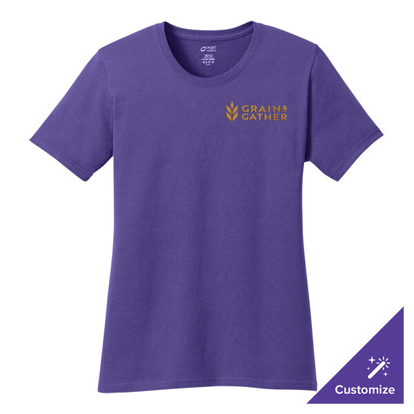 A purple Port & Company women's short sleeve t-shirt with customizable yellow text.