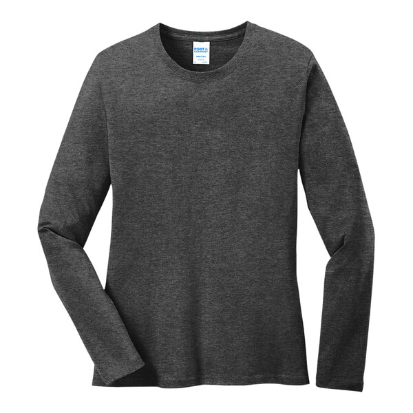 A dark heather grey Port & Company long sleeve t-shirt.
