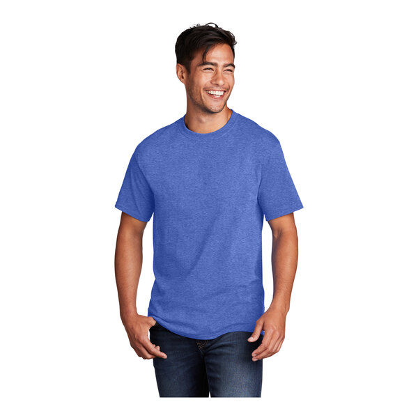 A man wearing a Port & Company heather royal blue t-shirt.