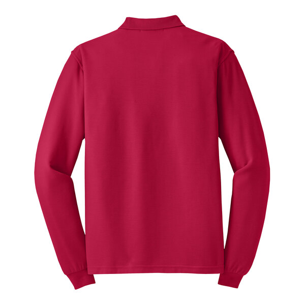 A red Port Authority long sleeve polo shirt.