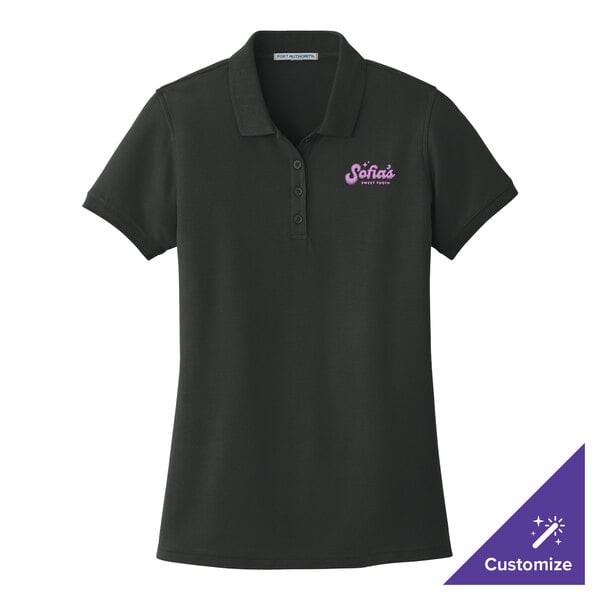 A black Port Authority women's polo shirt with pink text that reads "Stix" on the front.