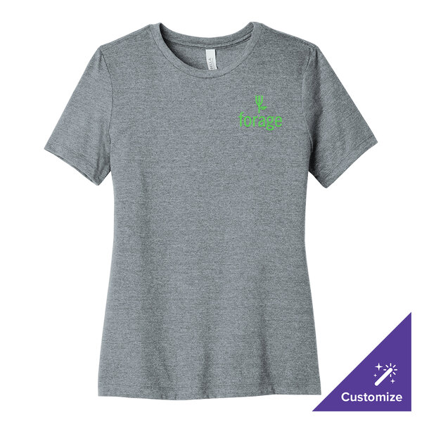 A women's grey Bella + Canvas t-shirt with a green logo.