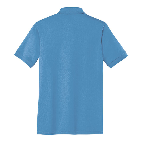 The back of an Aquatic Blue Port & Company polo shirt.