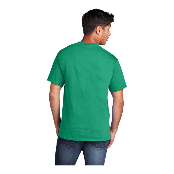 A man wearing a Kelly green Port & Company short sleeve t-shirt.