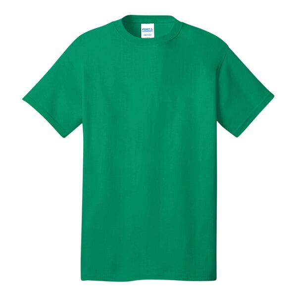 A green Port & Company short sleeve t-shirt with a white label.