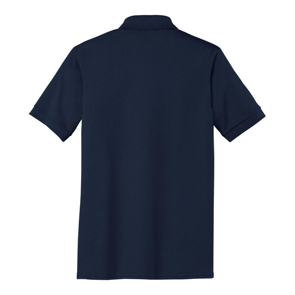 The back view of a Port & Company navy polo shirt.
