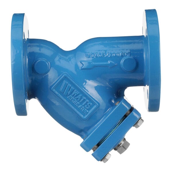 A close-up of a blue Watts cast iron strainer with a white border.