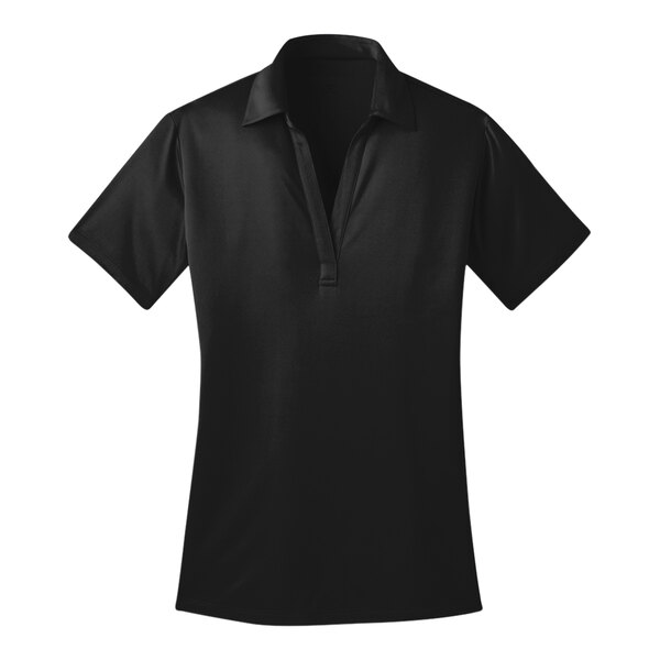 A black Port Authority women's short sleeve polo shirt with a collar.