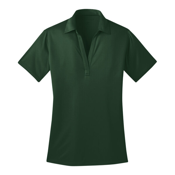 A dark green Port Authority women's silk touch polo shirt with a collar.