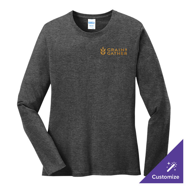 A Port & Company women's long sleeve dark heather gray cotton/poly blend shirt with a farm logo.