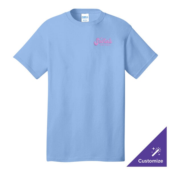 A light blue Port & Company t-shirt with white embroidery on the front.