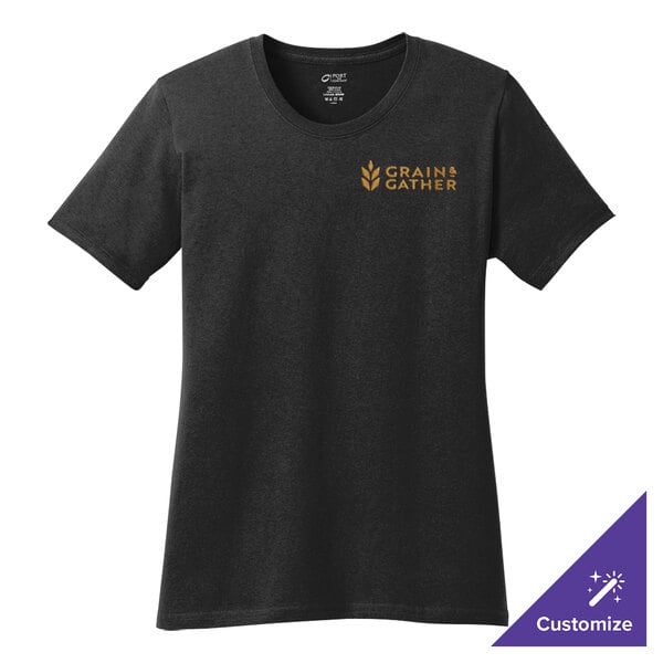 A Port & Company women's black cotton t-shirt with a gold logo on it.