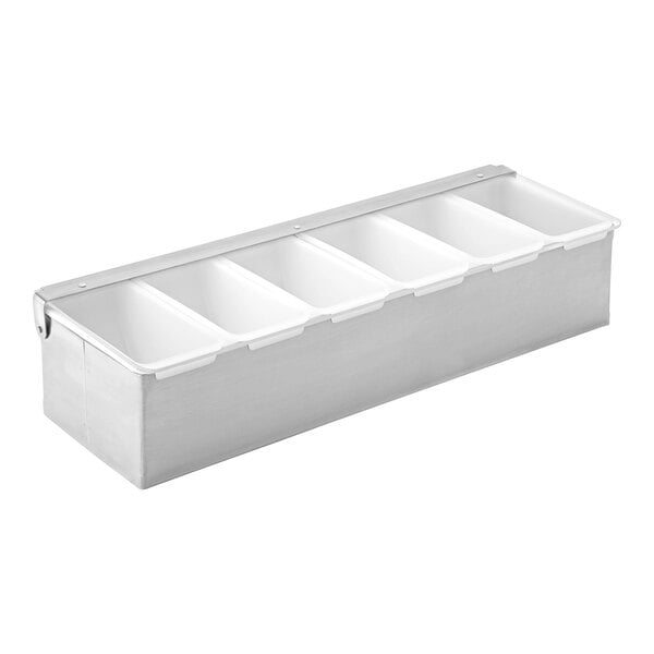 A white stainless steel Utopia condiment bar with six compartments.