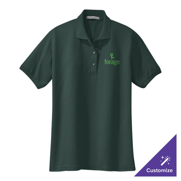 A dark green Port Authority women's silk touch polo shirt with a logo on it.