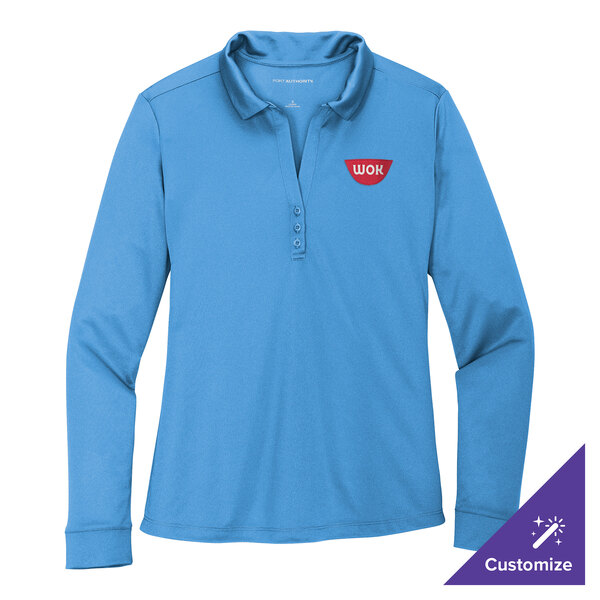 A Carolina blue Port Authority women's long sleeve polo shirt with a logo on it.