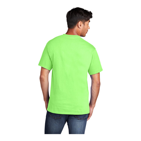 A man wearing a neon green Port & Company short-sleeve t-shirt.