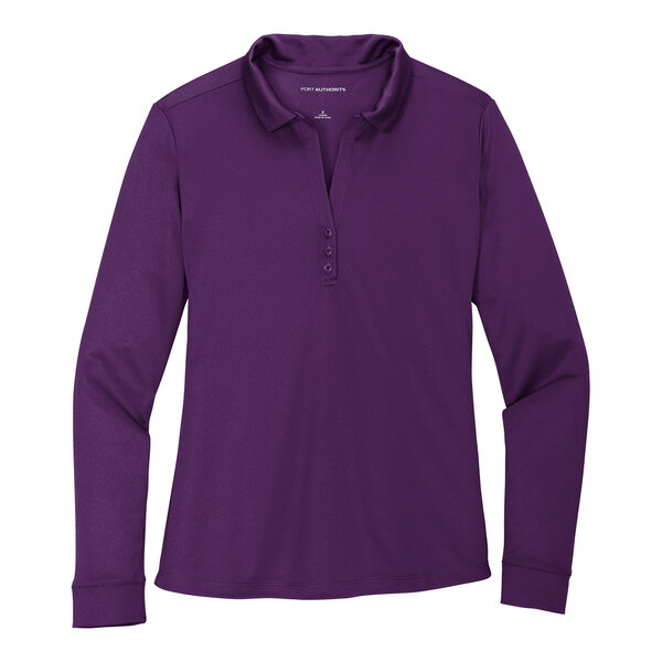 A Port Authority bright purple long sleeve polo shirt for women.