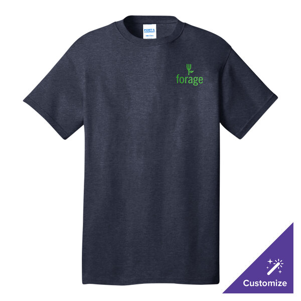A heather navy Port & Company t-shirt.