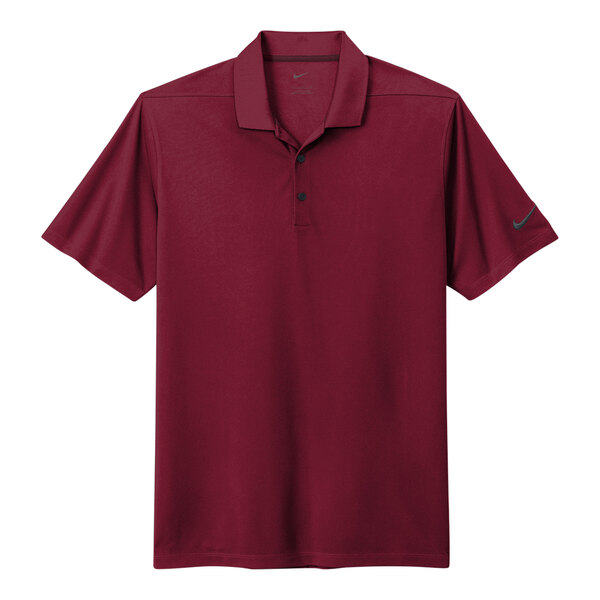 A red Nike Dri-Fit polo shirt with a Nike logo on the front.