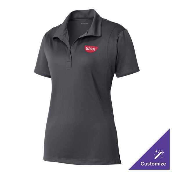 A Sport-Tek women's iron gray short sleeve polo shirt with a red logo on the chest.