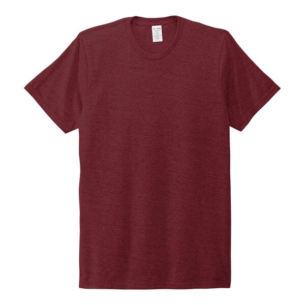 A red tri-blend t-shirt with white collar on a white background.