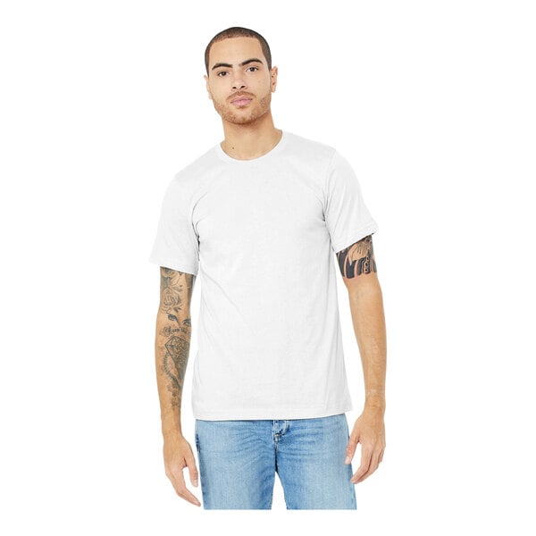 A man wearing a Bella + Canvas white ring-spun cotton/poly blend t-shirt.