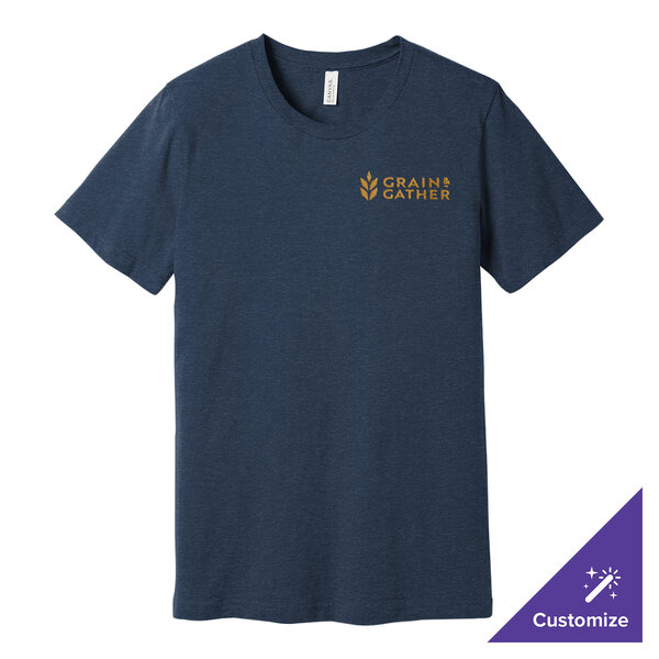 A medium heather navy Bella + Canvas T-shirt with a logo on it.