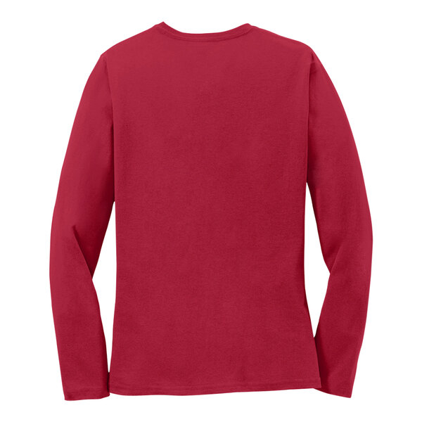 A red Port & Company long sleeve t-shirt for women.