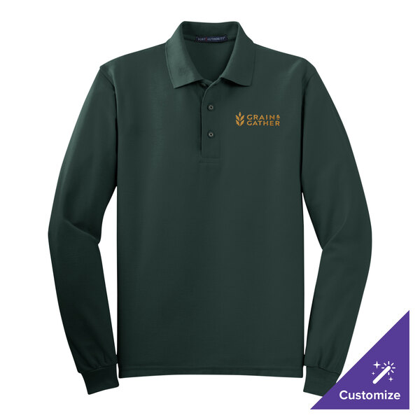 A dark green long sleeve Port Authority polo shirt with gold embroidery.