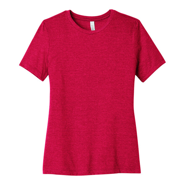 A Bella + Canvas women's heather red t-shirt with a small pocket.