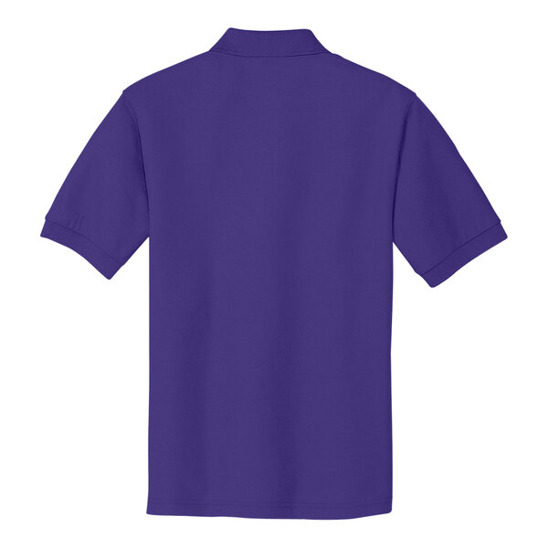 A purple Port Authority silk touch polo shirt.
