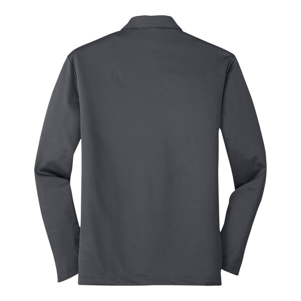 The back of a steel gray long sleeve Port Authority Polo shirt.