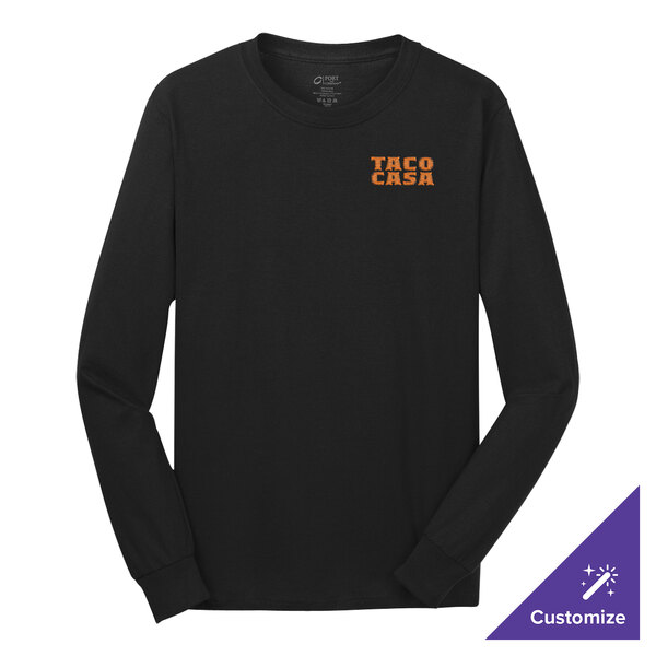 A Port & Company long sleeved black T-shirt on a counter.