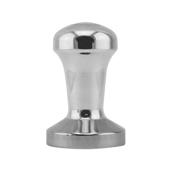 A close-up of a silver Rhino Coffee Gear 58 mm stainless steel tamper.