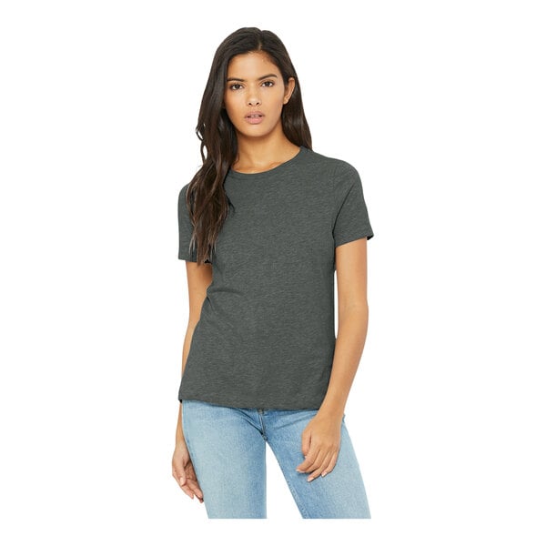 A woman wearing a Bella + Canvas deep heather customizable short sleeve t-shirt.