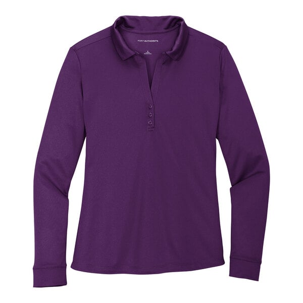 A Port Authority bright purple long sleeve women's polo shirt.