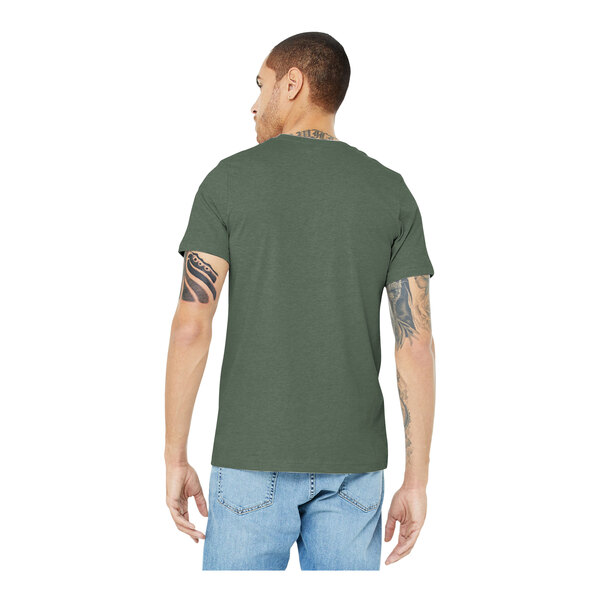A man wearing a Bella + Canvas heather military green t-shirt.