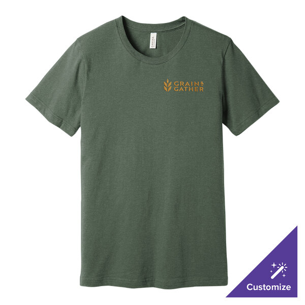 A heather military green Bella + Canvas customizable short sleeve t-shirt with a logo on it.