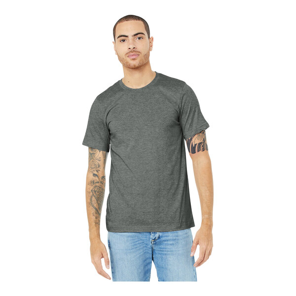 A man wearing a Bella + Canvas deep heather grey t-shirt.