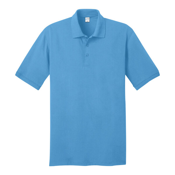 A Port & Company Aquatic Blue short sleeve polo shirt.