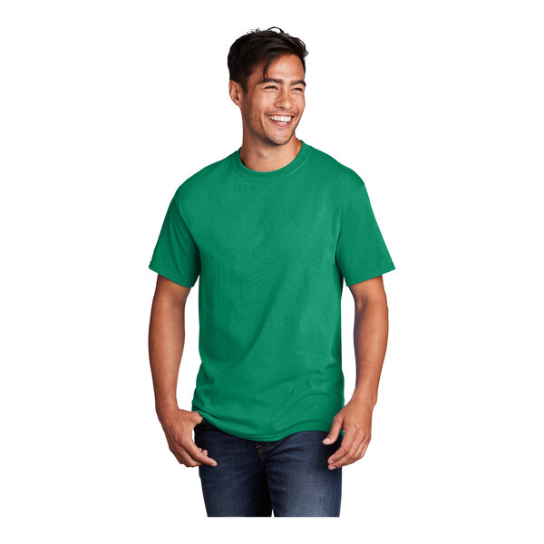 A man wearing a green Port & Company short sleeve t-shirt smiling.