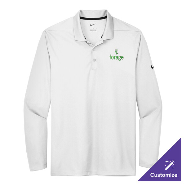 A white Nike long sleeve polo shirt with a green and white logo.