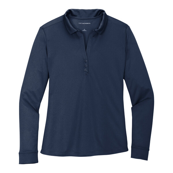 A Port Authority women's navy long sleeve polo shirt.