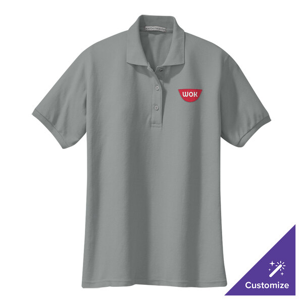 A Port Authority women's gray polo shirt with a logo on it.