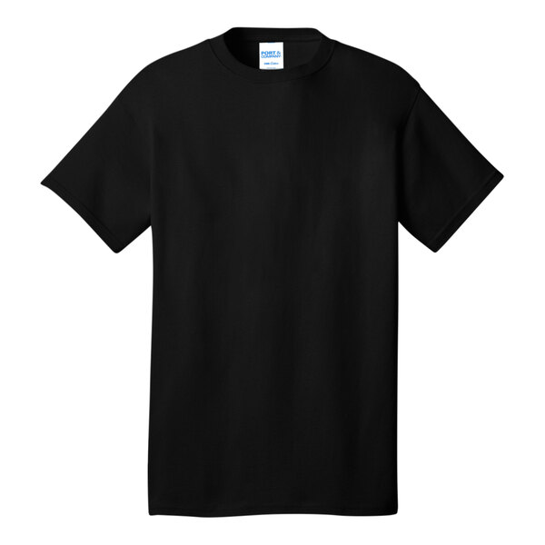 A black Port & Company short sleeve t-shirt with a white label.