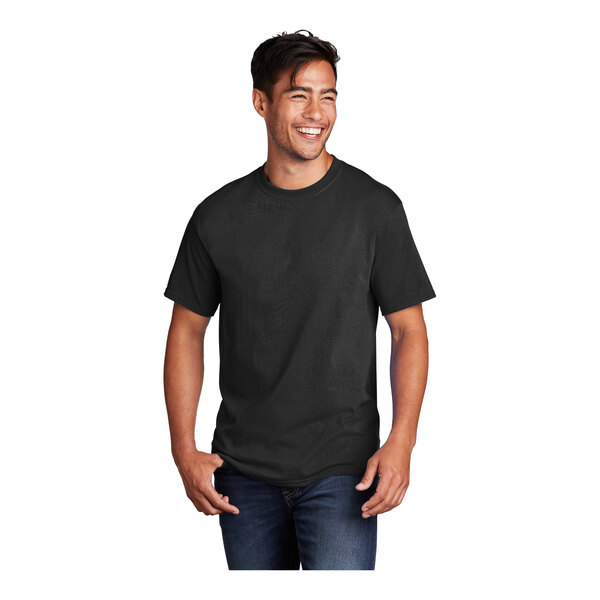 A man wearing a Port & Company black short sleeve T-shirt.