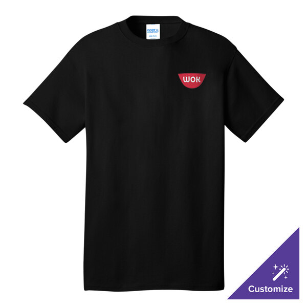 A jet black Port & Company short sleeve t-shirt with a logo on it.