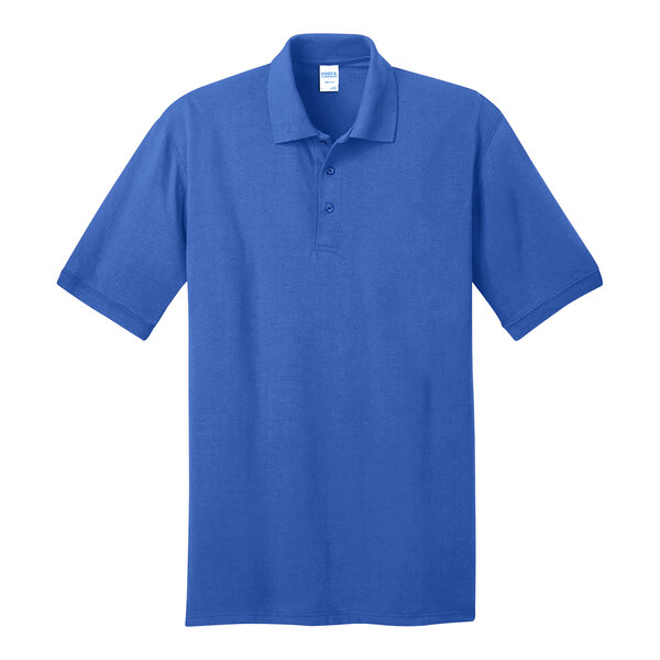 A Port & Company royal blue jersey knit polo shirt.