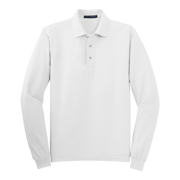 A white Port Authority® long sleeve polo shirt.